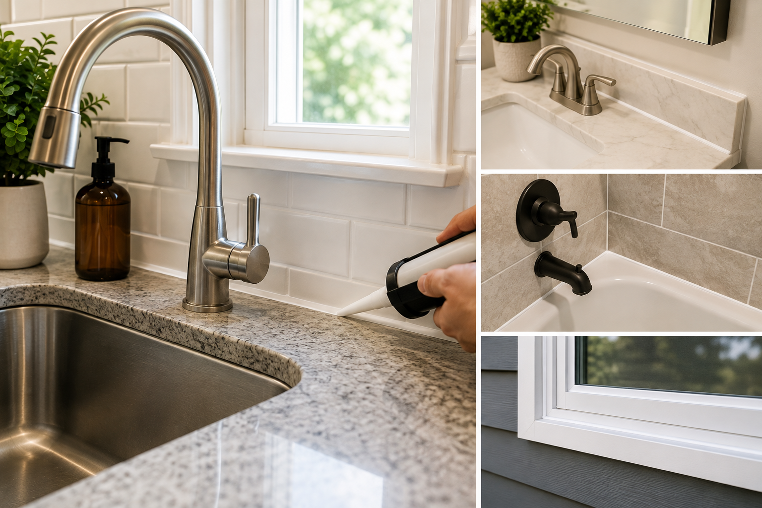 Fresh white caulk around a kitchen sink and bathroom shower creating a clean, well-maintained appearance.