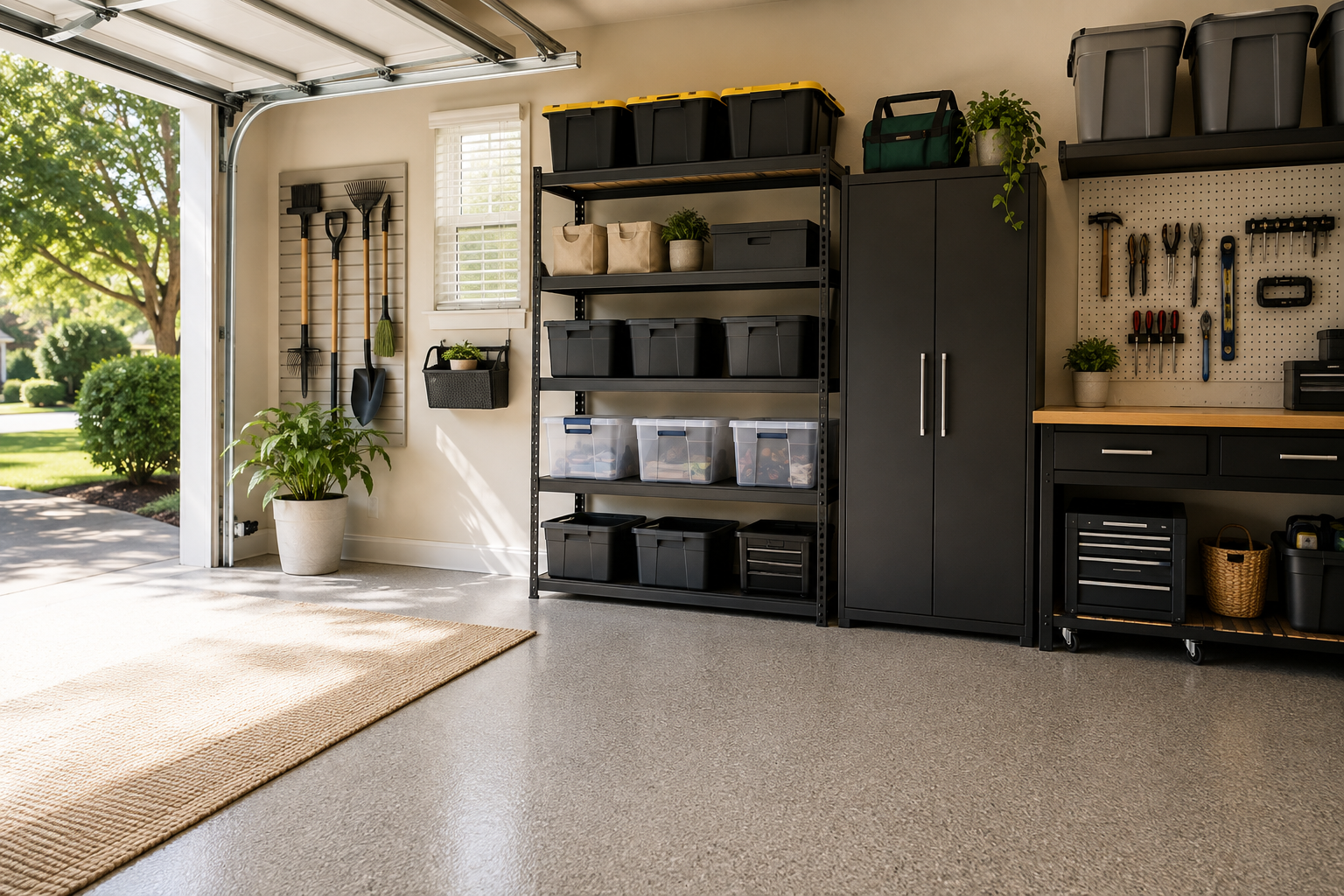 Clean, organized garage with neatly stored bins, shelving, and open floor space after a successful cleanout.