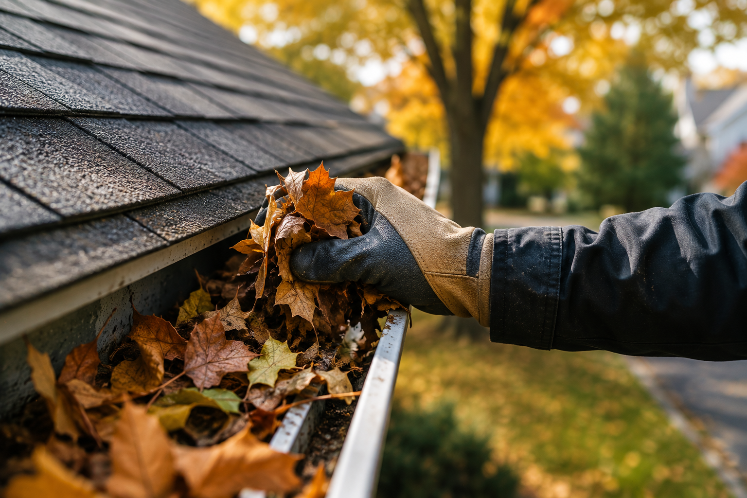 Clean gutters along the roofline of a well-maintained home surrounded by fall foliage.