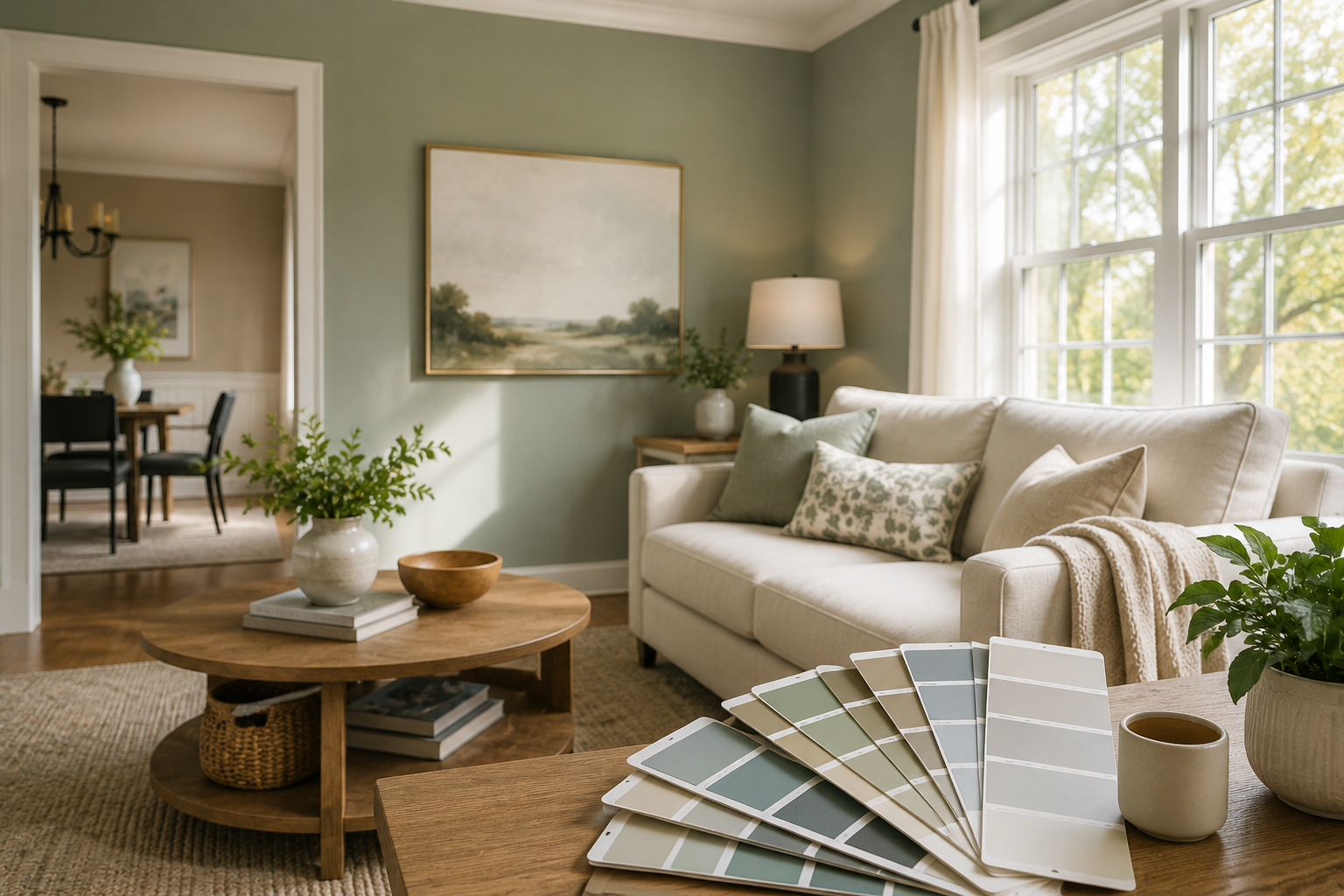 Bright staged living room with freshly painted neutral walls, natural light, and warm modern furnishings.