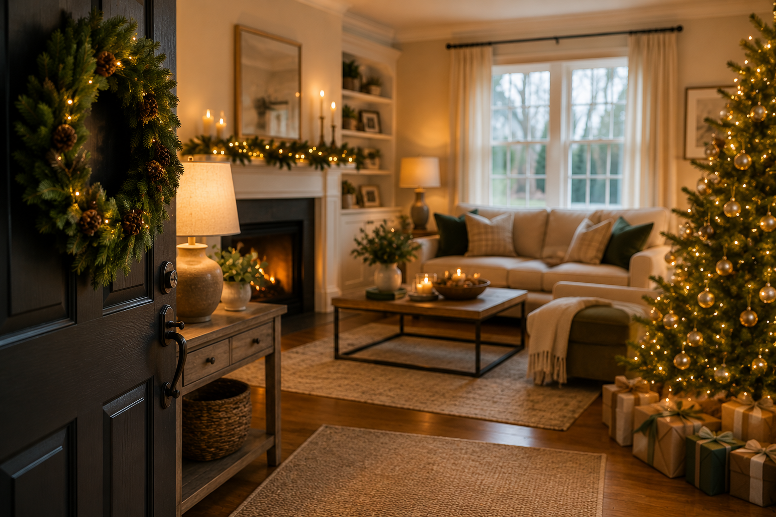 Warm and welcoming home prepared for holiday guests with a tidy living room, organized entryway, and subtle seasonal décor.